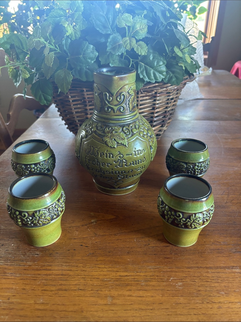 Vintage Gerz West German marked wine motif avacado green 1L wine jug & 4 cups